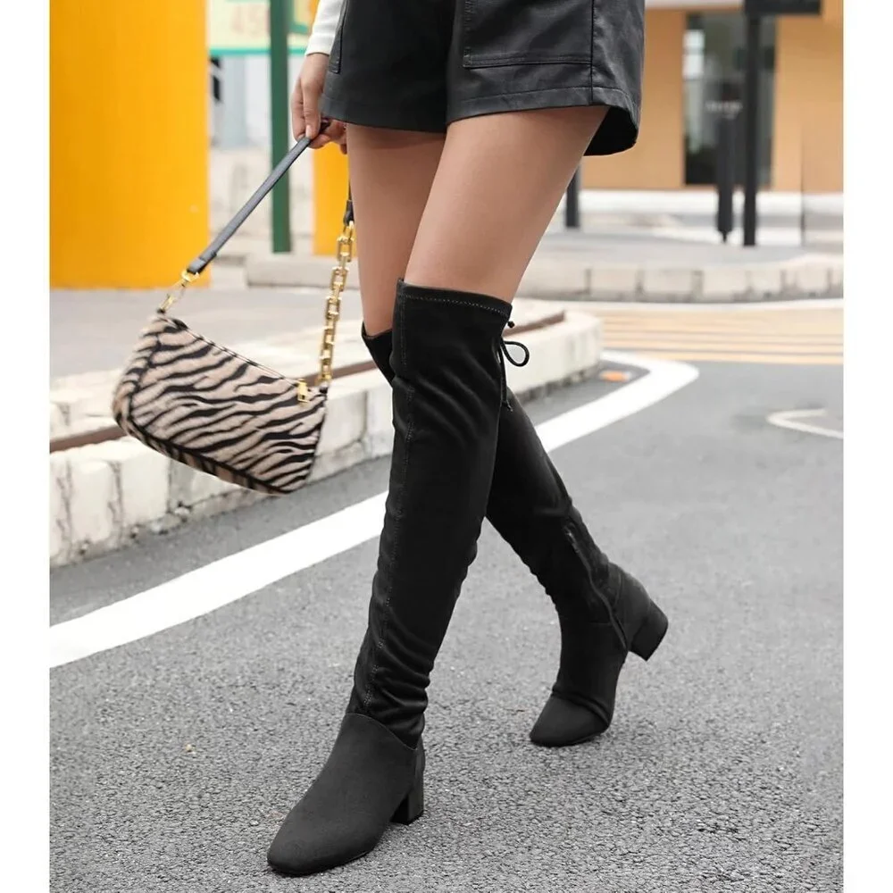 Women's Black-1.77 Inchs Polyurethane (PU) Over Knee High Warm Winter Long Boot
